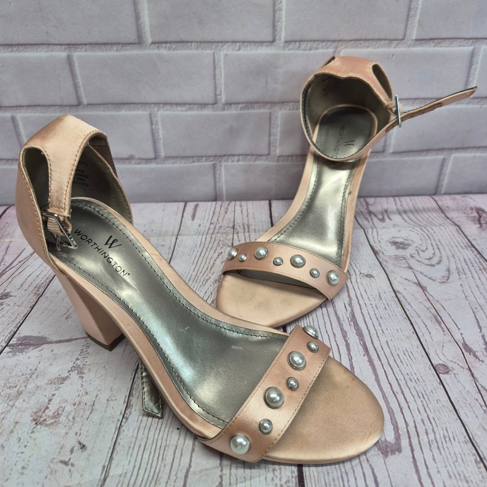 Worthington Betty Champagne Pink Satin Pearl Stud Block Heel Sandals Womens 8M